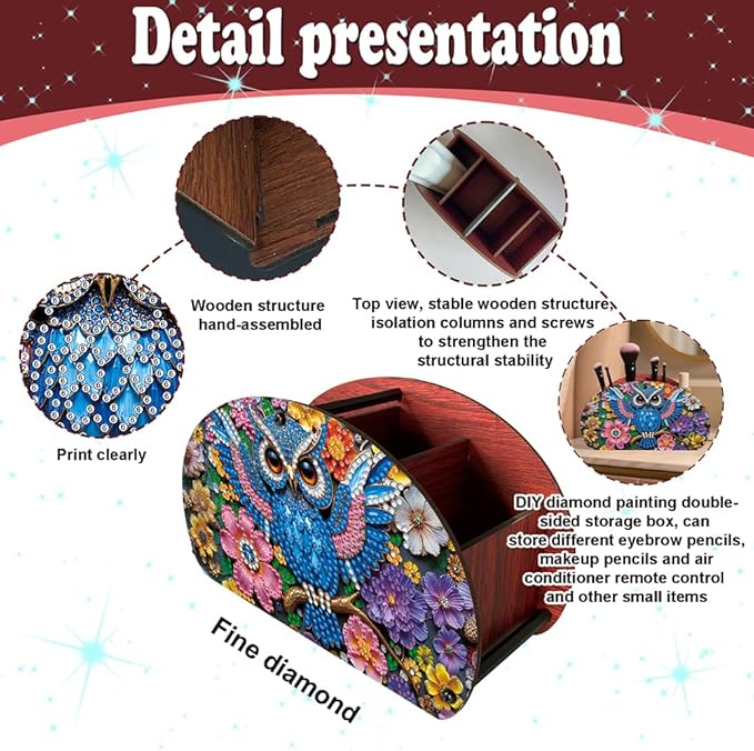 POETRYDRAW DIY Owl Diamond Art Painting Wooden Storage Box – Multi-Grid Moon Fan Makeup Brush Organizer, Double-Sided Drill Tabletop Holder for Women, Office & Home Decoration