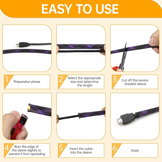 Braided Cable Sleeve, 33ft Expandable Wire Loom for Automotive Wiring Harness & PC Case, Pet-Proof Chew Resistant Cord Protector, Flexible Cable Management (Black-Purple, 10mm (3/8"))