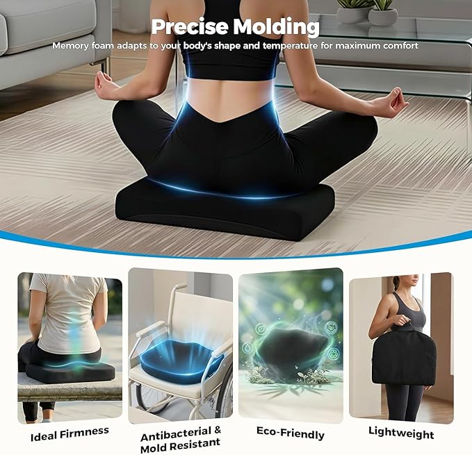 Tsumbay Memory Foam Seat Cushion - XL Size (16.9”x15”), Firm Support Coccyx Cushion for Office Chair, Tailbone Pain Relief with Removable Washable Cover & Handle for Car, Wheelchair