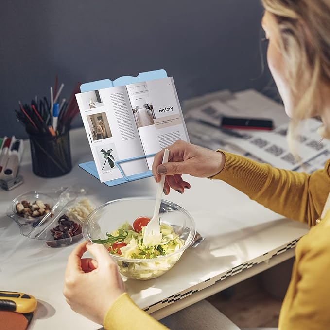 Honagu Metal Desk Book Holder, Hands Free Adjustable Cookbook & Document Holder, Portable Bookstand for Music Books, Textbooks, Recipes, Tablets & iPads (Light Blue)