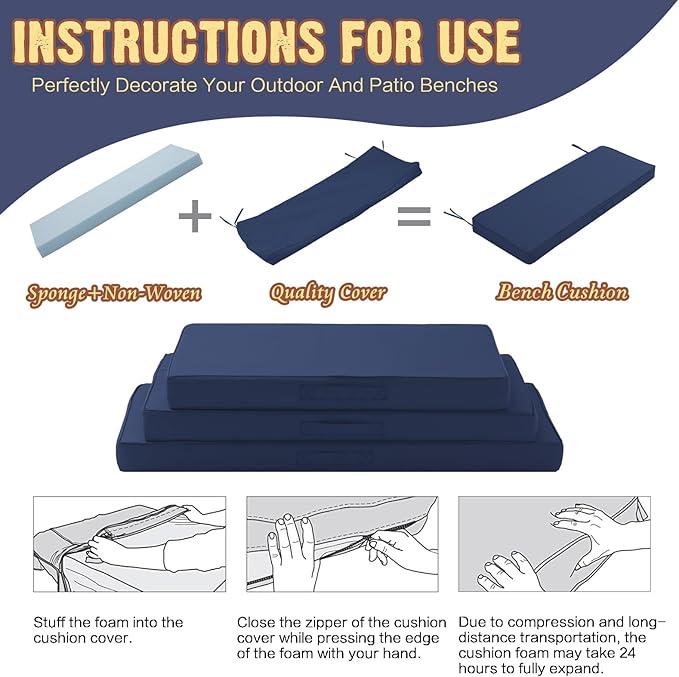 Outdoor Bench Cushion Waterproof with Memory Foam,Patio Bench Cushions for Outdoor/Indoor Furniture Porch Swing Cushion with Handle and Adjustable Strap,Navy Bule,36x18 Inch