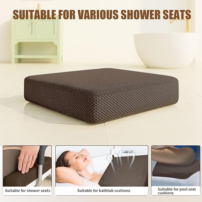 Shower Bench Cushion, Soft Chair Pad for Elderly Bathing, Easy to Clean & Quick Dry，Using 4D air Fiber Material, Suitable for Shower Cushion, Bathtub Baths, Poolside Rest，Brown