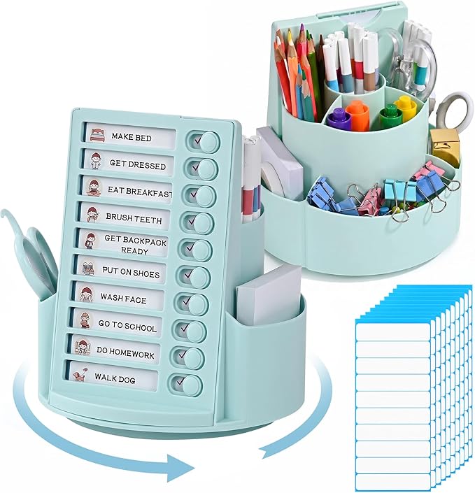 360 Rotating Pen Holder for Desk with Checklist Routine Chart Pencil Organizer To Do List Planning Board with Slider Pen Organizer with 7 Slots Desk Organizers and Accessories for Office School Home