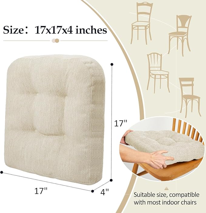 downluxe Chair Cushions for Dining Chairs 2 Pack, Tufted Indoor Chair Pads with Non-Slip Bottom, U-Shaped Kitchen Chair Cushions, 17"x17"x4", Beige