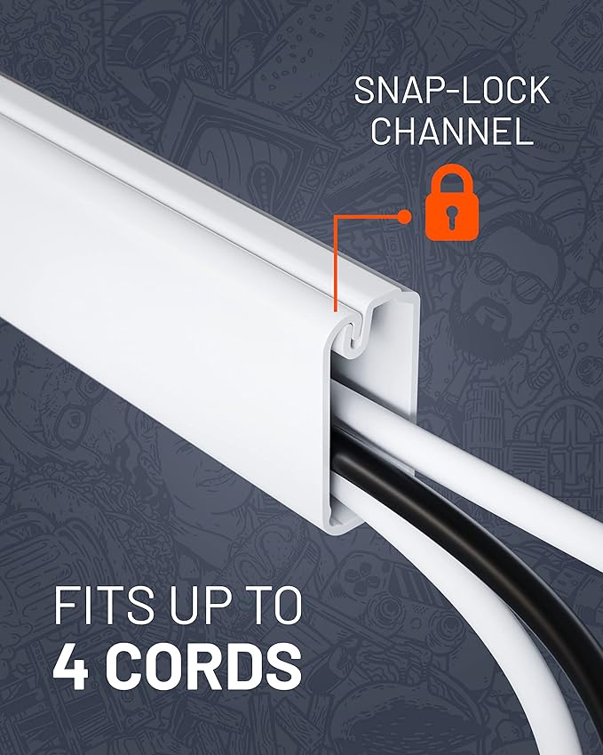 ECHOGEAR Cord Cover for Wires On Wall - Peel & Stick Cable Hider Channel with 10 feet of Plastic Raceway Plus Connector Pack - Ideal for Wall Mounted TVs - White