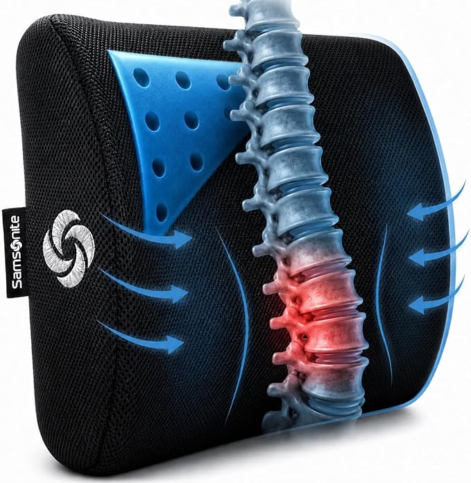 Samsonite Memory Foam Lumbar Support Pillow for Office Chair, Gaming Chair & Car Seat Automotive Use, Home Office Essentials for Sitting Comfort and Posture Relief Back Support, Black with Cooling Gel