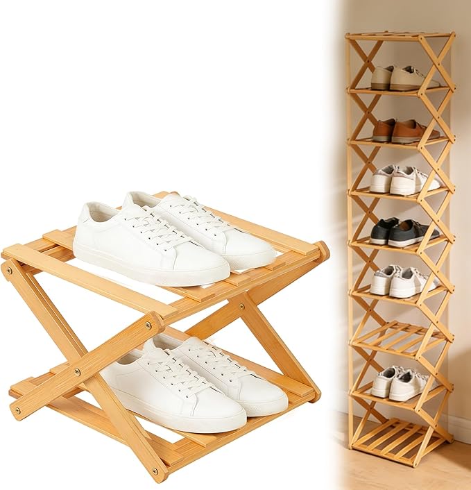Foldable Shoe Rack, Tier No-Assembly Bamboo Rack, 2026 New Portable Bamboo Corner Shoe Rack, Multifunctional Narrow Shoe Shelf for Entryway, Closet, Corner, Bedroom (2 Layers)