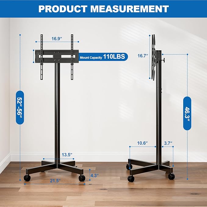 Mobile TV Cart Rolling TV Stand for 23-65 Inch LCD LED OLED 4K Smart TVs up to 110lbs, Height Adjustable Portable AV Cart with Wheels and Tilt Mount, Outdoor TV Stand Mount, Max VESA 400x400mm