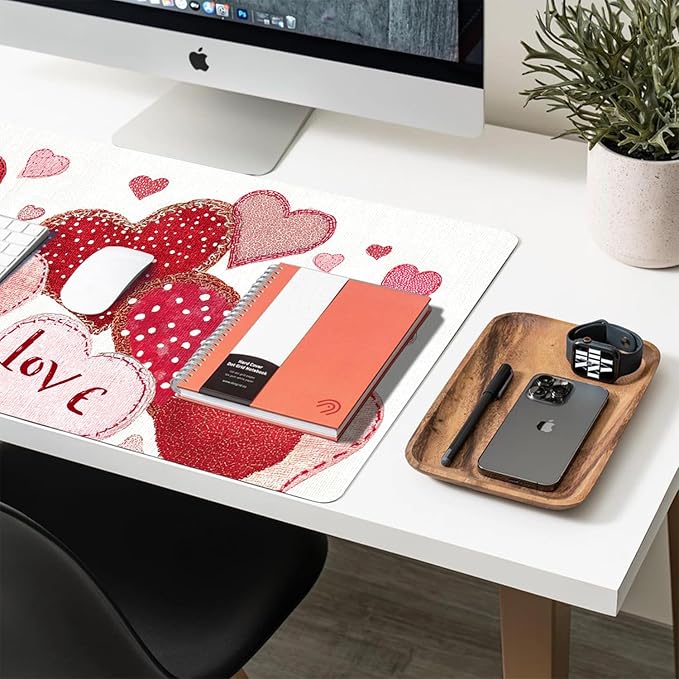 Valentine Desk Mat, Cute Love Heart Large Mouse Pad for Desktop, PU Leather Waterproof Desk Pad, Computer PC Laptop Protector Gaming Mouse Pads Valentine's Day Gifts for Her Him (23.6" x 11.8")