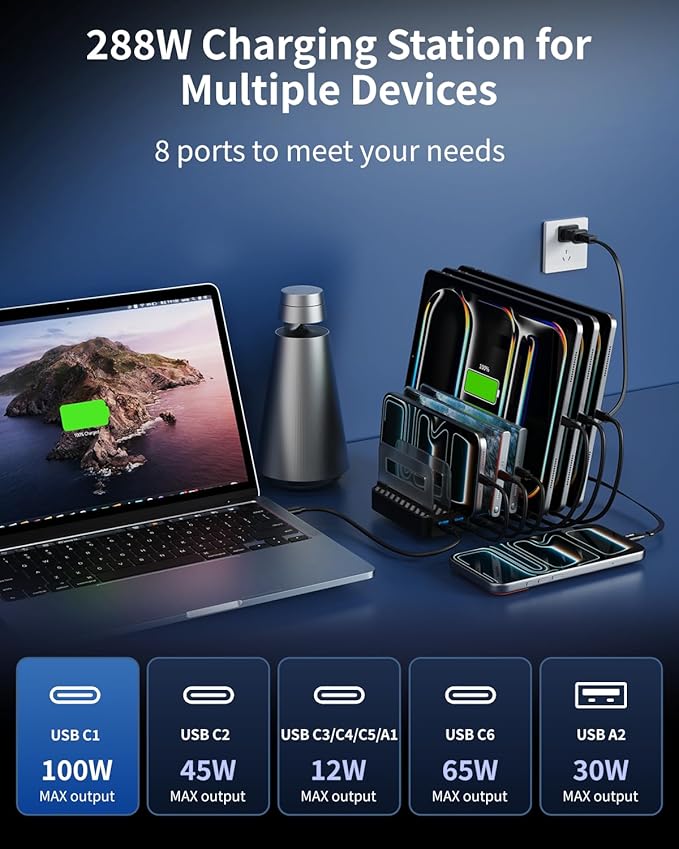 288W Multi Usb Charging Station, 8-Port charging station for multiple devices with Adjustable Dividers & 10 Cables,Multi-Purpose Desktop and wall Fast Charger, for iPhone, iPad, Android,Tablets & More