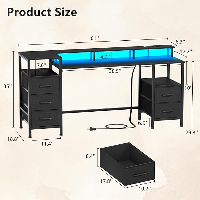 Korfile 61 Inch Computer Gaming Desk with Power Outlets & LED Lights Reversible Home Office Desk with Adjustable 5 Fabric Storage Drawers for Working Writing Study, Black