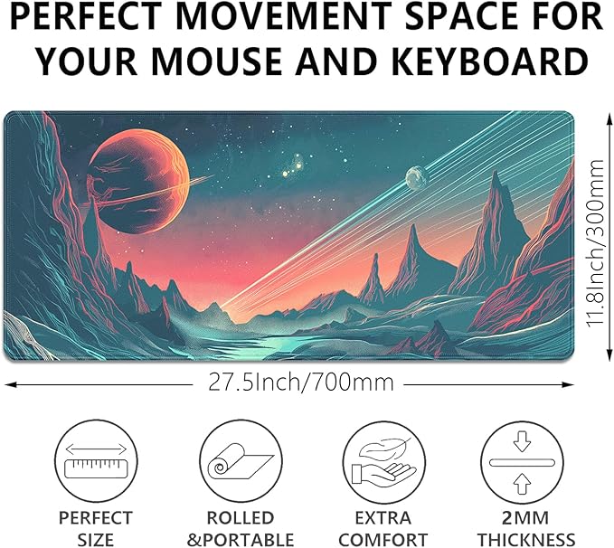 Planet Large Gaming Mouse Pad Desk Pad, 27.5x11.8in Mountains Extended Keyboard Mouse Mat with Stitched Edges,Waterproof Non-Slip Rubber Base for Office Laptop Computer Home