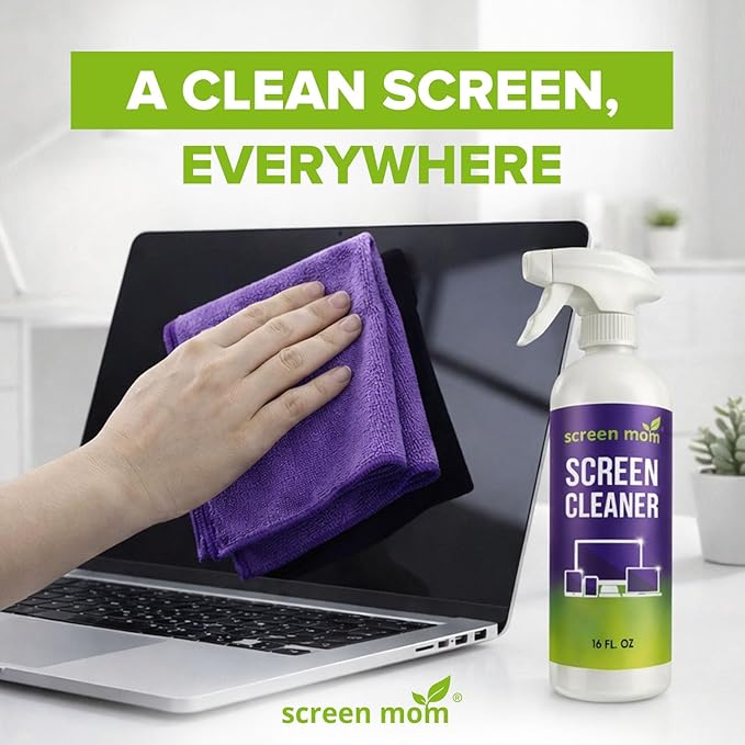 Screen Mom Screen Cleaner Spray and Microfiber Cloth 2-Pack (2x16oz) Screen Cleaner Spray and Wipe for TV, Computer, Phone, iPad, Car Screen Cleaning Kit Electronic Cleaner Spray
