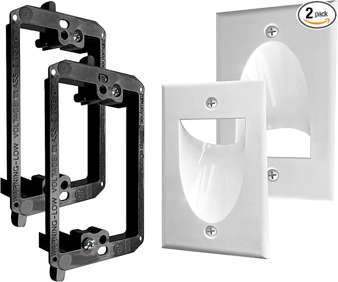 2 Pack Wall Plate Cable Pass Through with Bracket - In Wall Cable Management Kit - Recessed Cable Wall Plate Pair with Single Gang Low Voltage Mounting Bracket - Decorator Cover for Low Voltage Cables