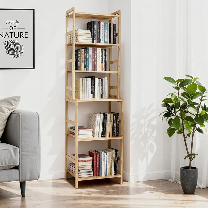 Bamboo Living Room Bookcases, 6 Tier Standing Ladder Shelf Bookshelf, Multifunctional Narrow Shelving Unit Storage Rack for Garage, kitchen, Office, Bookroom, Corner, 42 x 30 x 160 cm
