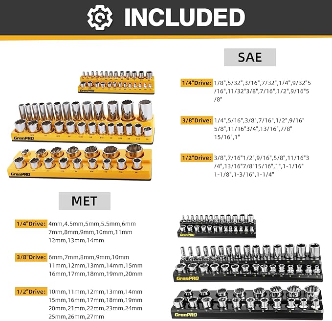 GRENPRO Socket Organizer for Tool Box Drawer, 6pc 143 Metric & SAE Magnetic Socket Holder, 1/4", 3/8", 1/2" Drive Socket Tray Set, Magnetic Socket Organizer