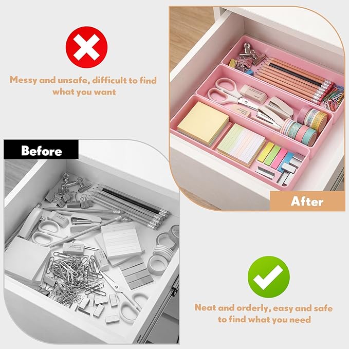 Teling 4 Pcs Pink Large Rectangular Desk Organizer Set, Half Accessory Tray, Plastic Tabletop Organizer for Office, Home, or Study, Dimensions: 9.45 x 2.95 x 1.38 Inches