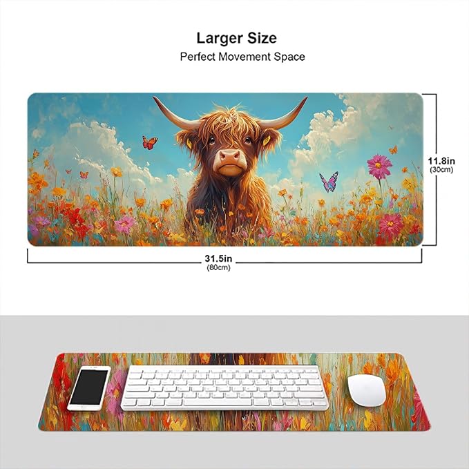 Cute Highland Cow Mouse Pad Colorful Flowers Butterfly Mousepad Extended Large Laptop Keyboard Non-Slip Rubber Base with Stitched Edges for Home Office Computer Keyboard Laptop Home 31.5x11.8 Inch