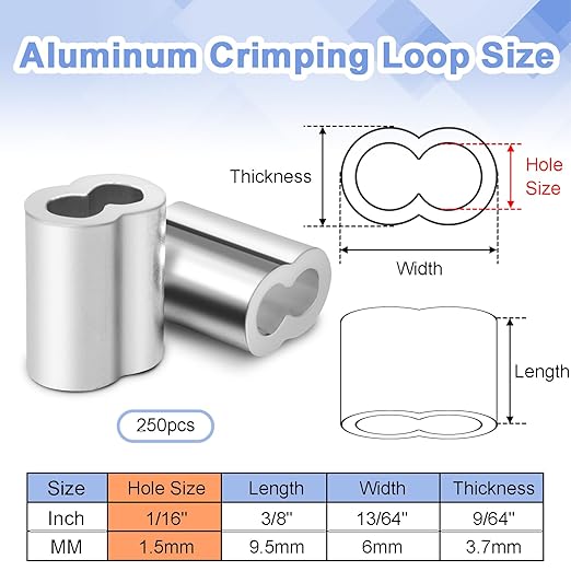 CooBigo 250Pcs 3/64""Cable Crimp Sleeves, Aluminum Wire Rope Crimping Loop Sleeve. Cable Ferrules for Cable and Wire Rope Crimp Double Barrel Crimp Sleeves (M1.2-3/64"")