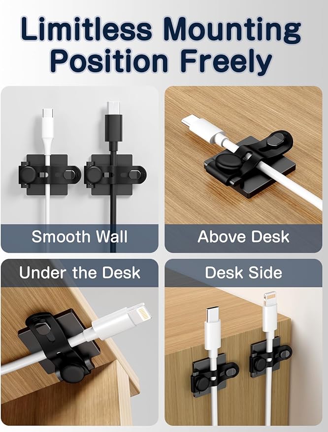 Viaky Under Desk Cable Management, 10-Pack Adjustable Adhesive Cable Clips with Silicone Straps, Multi-Purpose Wire Cord Organizers for PC, TV and Office Desk