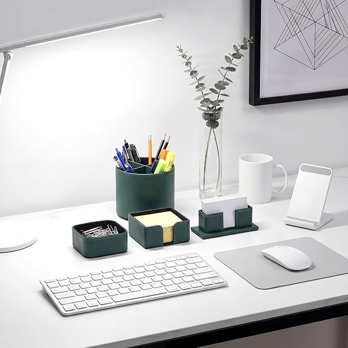 4 Pcs Rotating Leather Pen Holder Organizer Office Desk Accessories Set with Business Card Sticky Note Holder Paperclip Storage Desktop Storage Supply for Teacher Back to School Gift(Green)