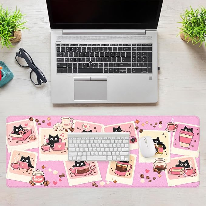 Black Cat Gaming Mouse Pad Cute Coffee Art Large Gaming Mouse Mat with Stitched Edges,Non-Slip Waterproof Rubber Base Mous Mat Office Computer Keyboard Laptop 31.5"x11.8"
