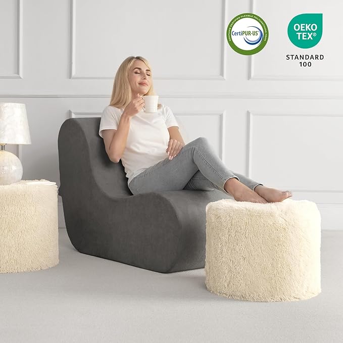 Hansleep Round Stuffed Pouf Ottoman 20 x 15, Foam Filled Faux Fur Ottoman Foot Rest for Chair with Washable Cover, Foot Stools Under Desk for Living Room & Bedroom, Beige