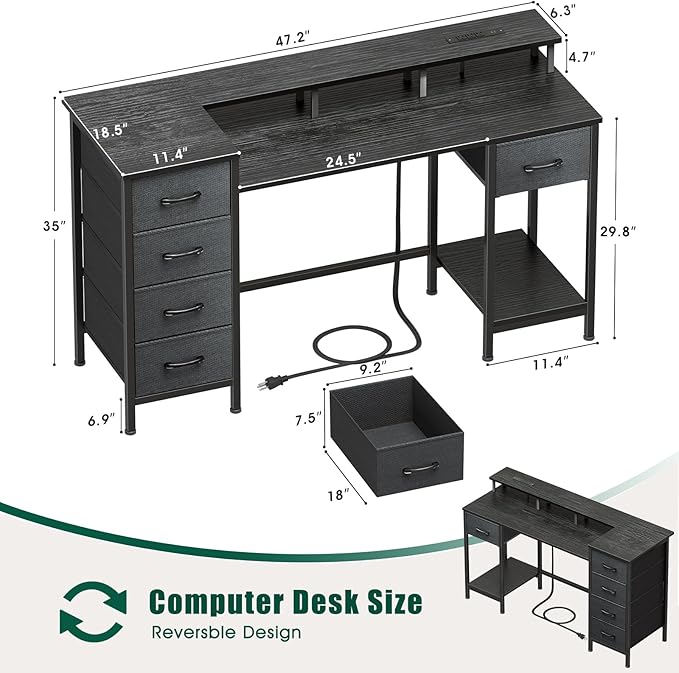 Korfile 47 Inch Gaming Desk with Power Outlets and LED Lights, Reversible Computer Desk with 5 Fabric Storage Drawers, Home Office Desk with Monitor Stand for Working Writing Study, Black
