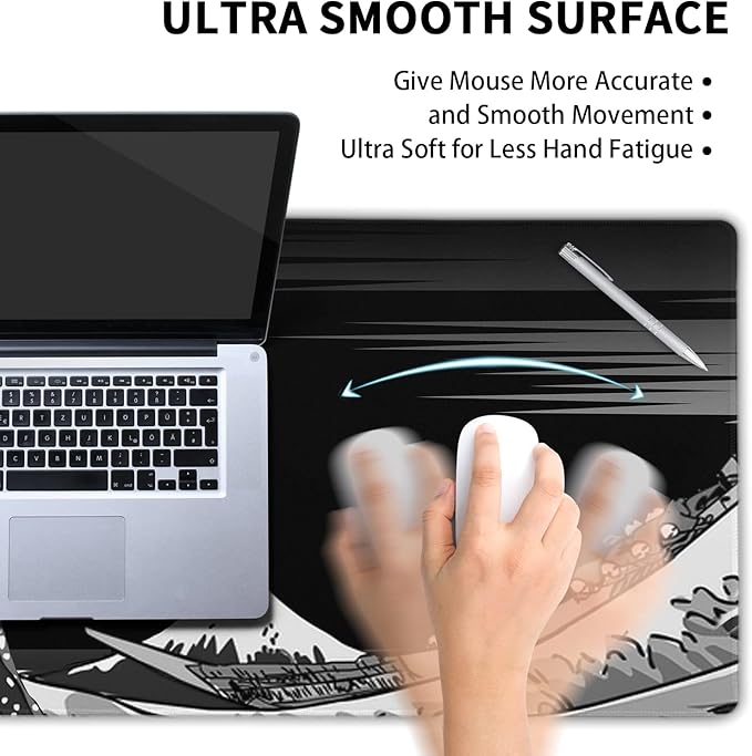 Extended Large Gaming Mouse Pad 31.5x11.8 in Desk Mat Mouse Pads，Japanese Sea Wave Laptop Mousepad PC Keyboard Waterproof and Non-Slip XL Rubber Table Mat Black and White Kanagawa Surfing