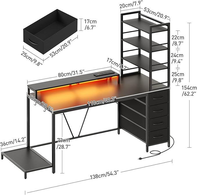 RALGEND Computer Desk with Shelves and Drawers, 43.3 Inch Gaming Desk with Charging Station and LED Lights, Desk Workstation with Monitor Stand and Storage for Home Office, Black