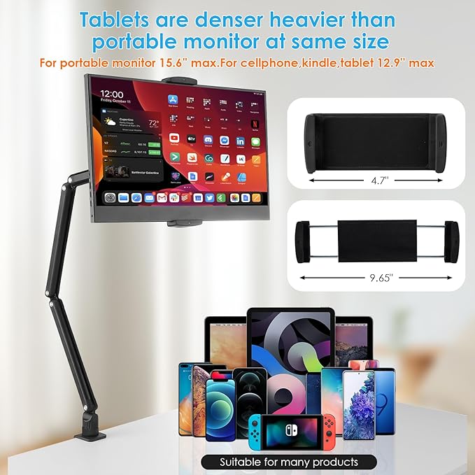 for ipad Tablet Stand Holder for Desk,Portable Monitor Stand Holder 15.6'' Max,for ipad Tablet Mount Arm with Upgraded Screws/360°Rotate Base,Fits for Kindle,Tabs 12.9'' Max(Not Over 2.65lb)