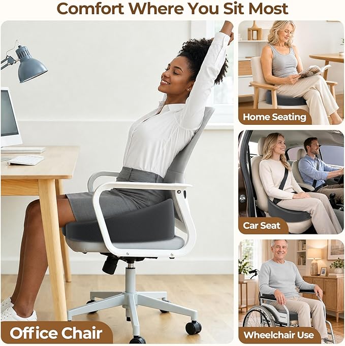 TushGuard Ergonomic Donut Pillow Seat Cushion with Raised Rear Support, Large Memory Foam Cushion for Tailbone, Hemorrhoids & Sciatica Relief, Office Chair, Car, Travel, Postpartum, Grey