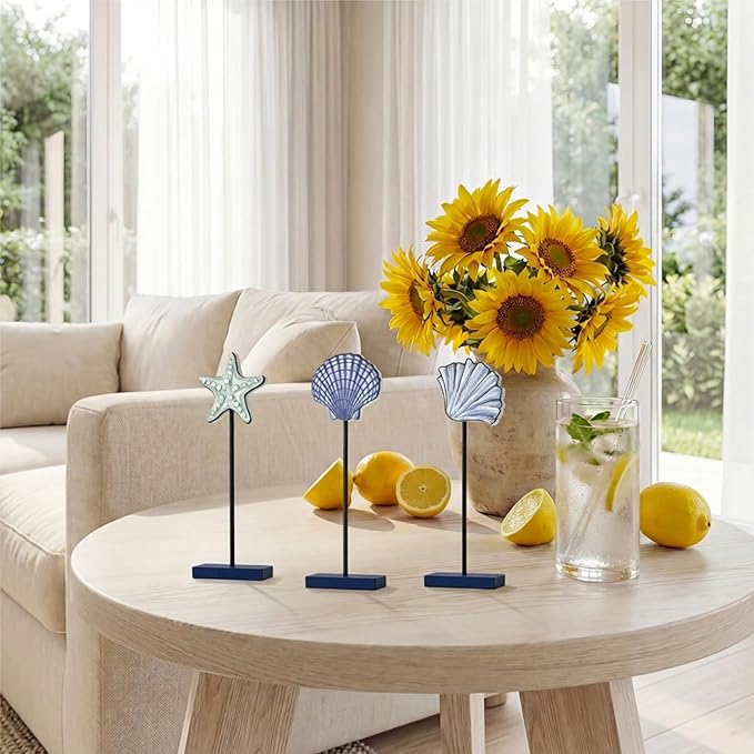 Smile 3 Pcs Wooden Decor Summer Indoor Decorations, Starfish Shell Style, Summer Table Centerpieces for Home Kitchen Seasonal Display