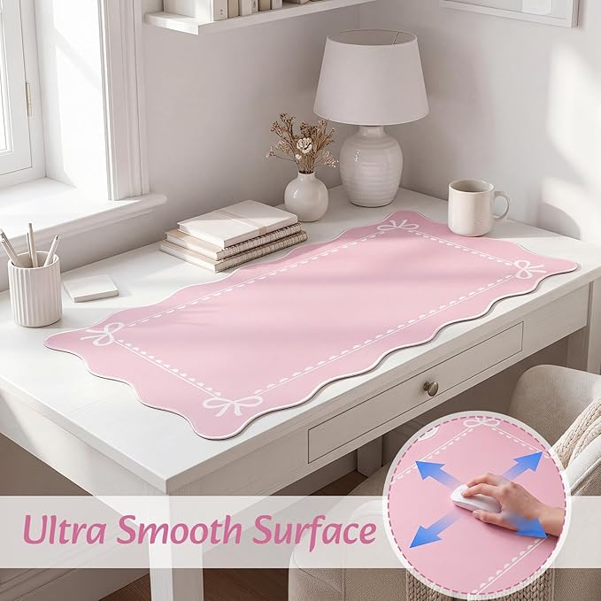 Scalloped Bow Desk Mat Cute Coquette Large Mouse Pad Kawaii Cottagecore ‌Vintage‌ Rustic Keyboard Pad Nonslip 2026 Graduation Gift with Stitching Waterproof Gaming(Pink)