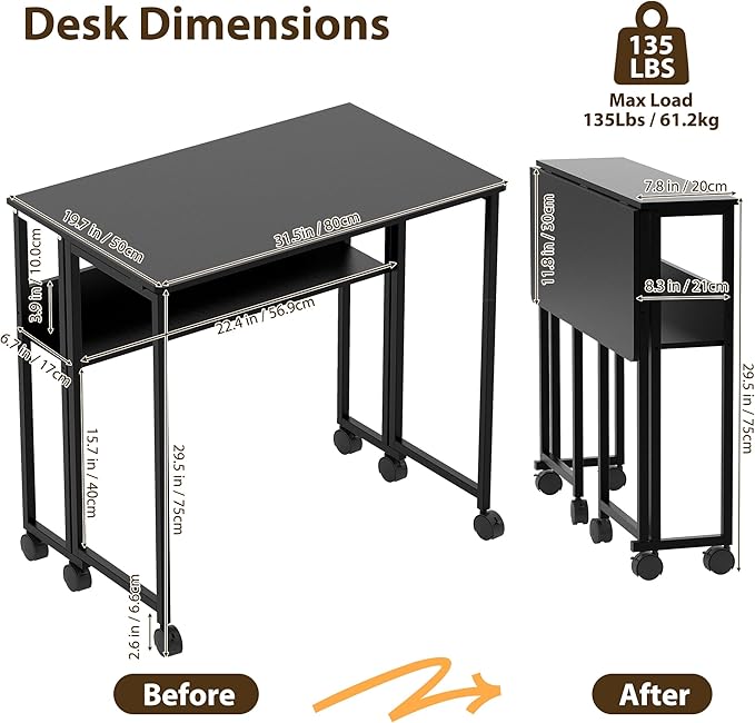 Folding Desk Small Rolling Desk with Storage Shelf,31.5 Inch Foldable Computer Table with Wheels,Portable Office Desk for Small Space Sofa Table,Easy to Fold,Writing Work Office Computer Desk,Black