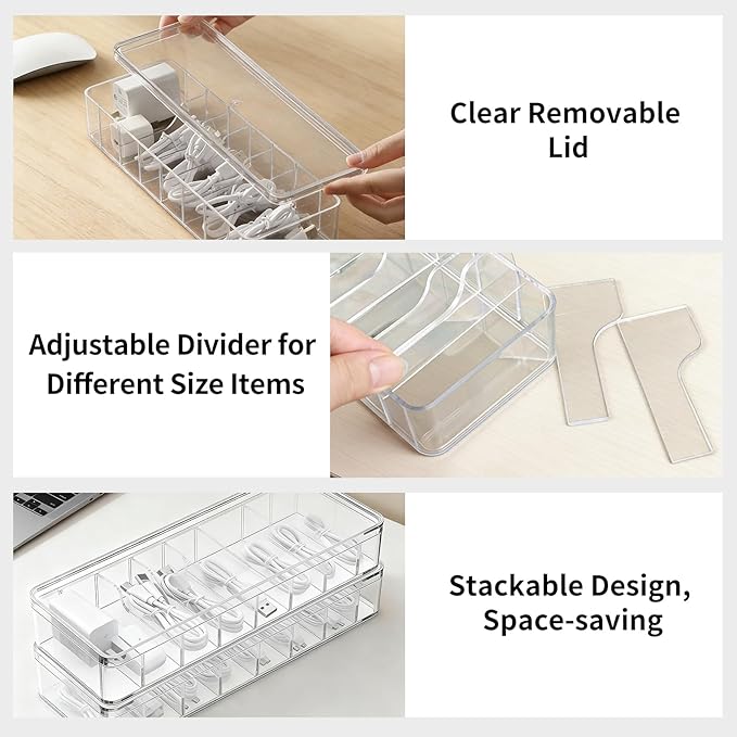 Cable Organizer Storage Box with Lid - Clear Phone Charger Cord Organizer Case - Cables Wire Management Box with Adjustable Compartments 10 Wire Ties for Drawer Desk Office Home Accessories(1 pack)
