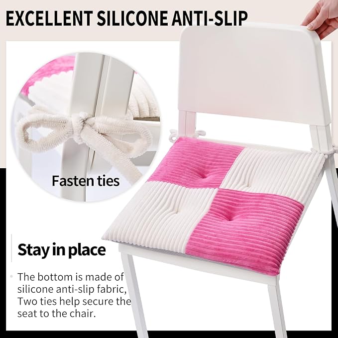 Office Stacking Chair Cushions 4 Pack, Corduroy High Density Foam Kitchen Seat Cushions with Ties, Square 17" x 17" Indoor Non-Slip Dining Chair Pads, White + Pink，4pcs