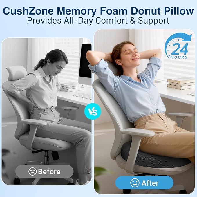 CushZone Donut Pillow for Postpartum Pregnancy - Large Ergonomic Chair Seat Cushions, Office Chair Cushion, Breathable Hemorrhoid Pillow, Lifting Chair Pads for Sitting, After Surgery(Grey, XXL)