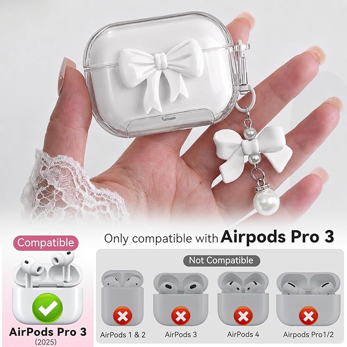 for AirPods Pro 3 Case 2025 with Safety Lock & Phone Stand, Cute Clear Pink 3D Bow Cover with Keychain & Cleaning Kit, Auto-Open TPU Protective Shell for AirPods Pro 3rd Generation Women Girls (White)