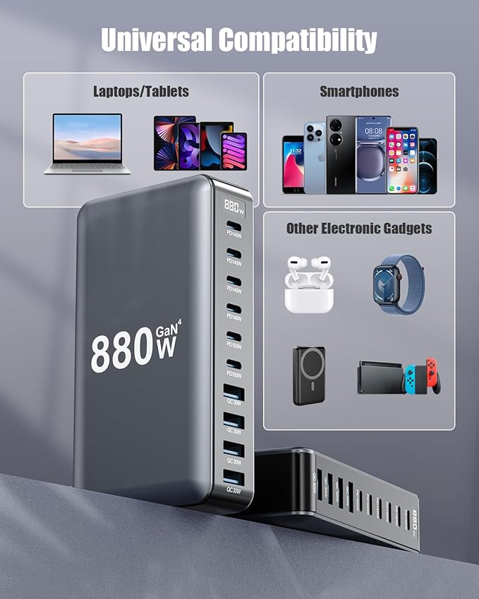 USB C Charger 880W USB C Charger Block,Upgraded GaN IV 10-Port Charging Station Hub,Travel Essentials 140W Fast Charging Laptop Adapter for MacBook Pro/Air,DELL,Steam Deck,iPhone 17/16,Galaxy S25/24