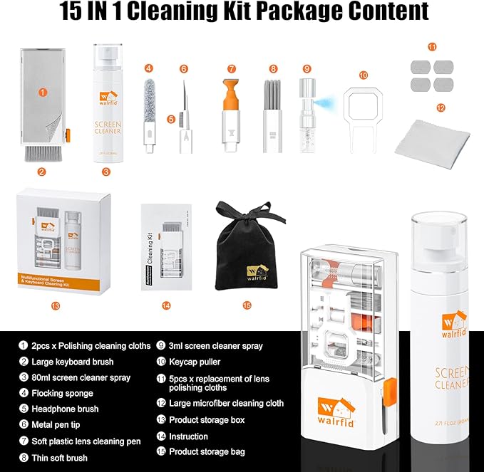 walrfid Laptop Keyboard Cleaner Kit with 80ml Screen Cleaner Spray, 15-in-1 Phone Computer Screen Cleaning Tool for iPhone iPad MacBook, Multi-Function Electronics Cleaning Kit for PC, Camera, White