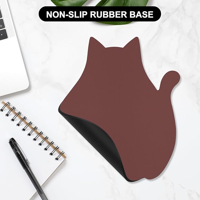Funny Leather Mouse Pad Cute Cat Shape Office Desk Accessories Decor for Women Small Mousepad with Non-Slip Rubber Base Washable Waterproof, 9.7" x 8", Pink Purple