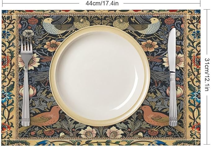 William Morris Bird Placemats Retro Bird Elegant Animal Pattern Linen Washable Table Mats Stain Heat-Resistant Desktop Decor Place Mats for Home Kitchen Dining Party 12x18 in 6 PCS