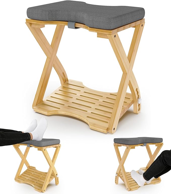 Double Step Foot Rest Under Desk at Work, Bamboo Foot Stool with 6 Adjustable Heights, Ergonomic Under Desk Footrest with Cushion for Home, Office & Gaming (Natural Color)
