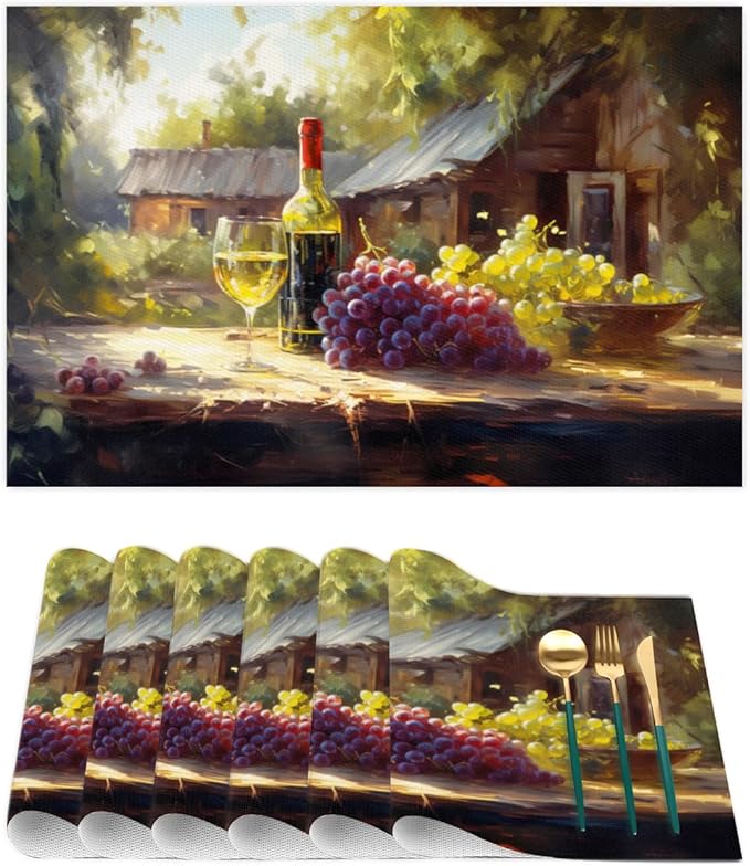 Placemats Set of 4 Heat-Resistant Rectangle Place Mats Grape Red Wine Vintage Washable Plastic PVC Dining Table Mat Non-Slip Wipeable Woven Vinyl Placemat for Kitchen Patio Table Decor
