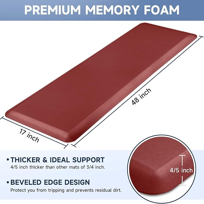 StepRite 4/5 Inch Thick Kitchen Mat Anti Fatigue Mat Kitchen Rugs Kitchen Decor Non-Slip, Stain & Water Resistant, Kitchen Mats Desk Mat for Kitchen, Office, Workshop, Red, 17'' x 47''