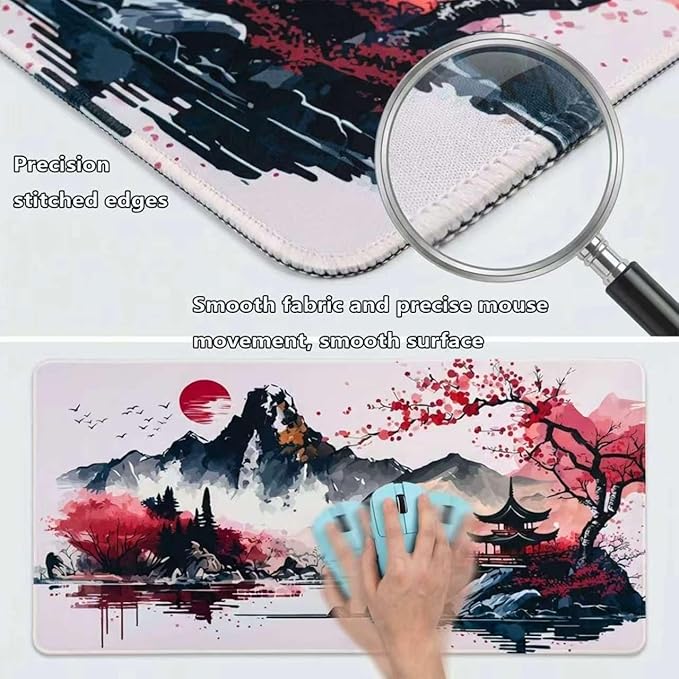 Japanese Cherry Blossom Gaming Mouse Pad 31.5x15.7in Full Desk Japanese Sakura Super Thick Mousepad Non-Slip Rubber Base Waterproof Keyboard Mat with Stitched Edges for Office 800X400X4mm