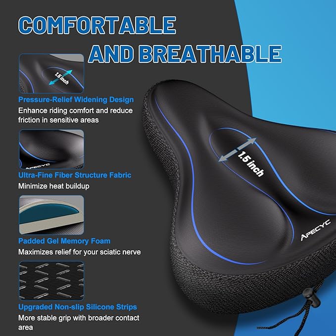 APECYC Bike Seat Cushion Gel Padded Saddle Cover for Men Women - Extra Padding Soft Comfort Bicycle Seat Cushion for Peloton, Stationary, Spin, Mountain, Road, Ebike