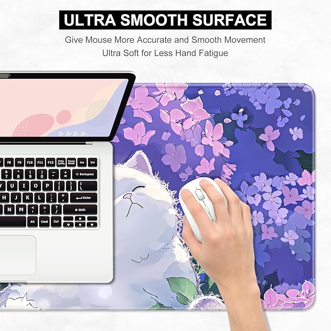 Desk Pad, 32" x 16" XXXL Extended Large Gaming Mouse Pad, Desktop Decor Desk Mat, Men Women Office Supplies and Accessories, Cute Anime Mouse Mat for Laptop & Keyboard, Hydrangea Cat