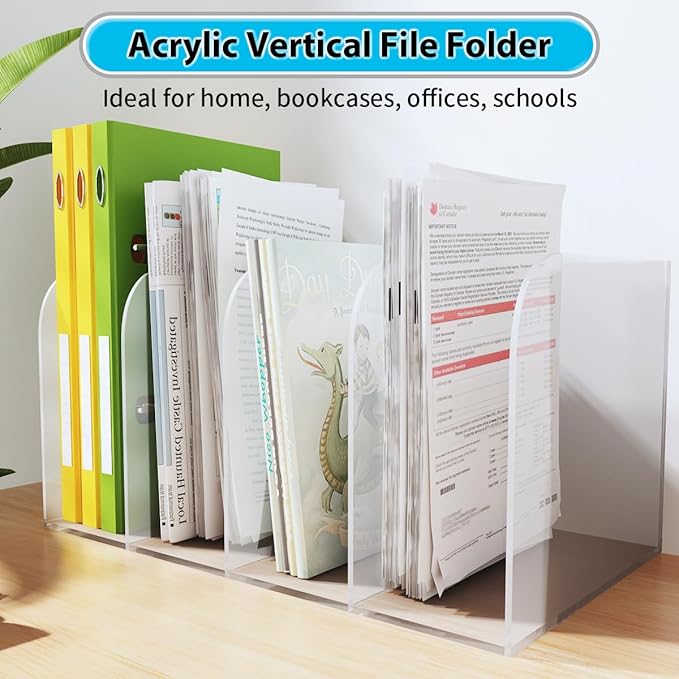 Jumyee 4 Vertical Compartments Acrylic Magazine File Holder, Clear Desk File Organizer Sorter, Mail Organizer Office Organization Storage Binder Holder for Desk, Magazine, Books